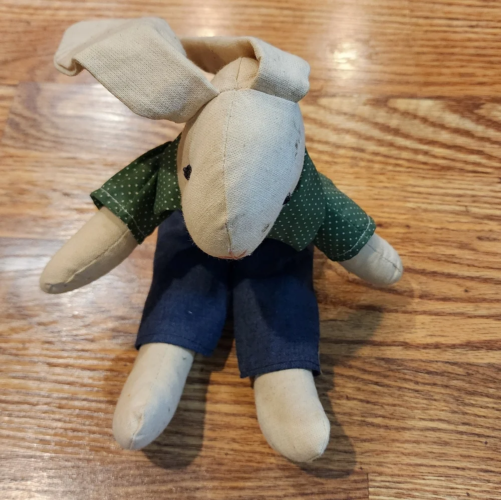 Rustic Primative Boy Bunny in Overalls and a Green Polka-dot Shirt approx. 13